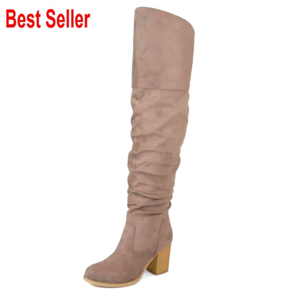 Faux Suede Over-the-Knee Boots with Stacked Heel and Ruched Detail